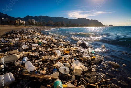 View of ocean pollution with plastic in the Canary Islands, Spain. Generative AI