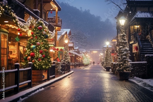 Snowy street in Gatlinburg, Tennessee during Christmas. Generative AI photo