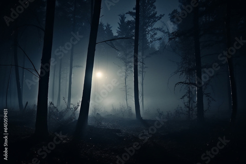 foggy and dark woods at night  mystery forest. Magical saturated foggy forest trees landscape. Generative AI