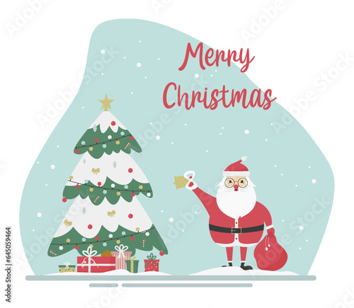 Christmas card with Santa Claus, Christmas tree, decorations and text. Victor illustration in flat style. © Mariia