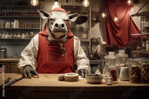 humorous bull dressed as butcher in shop. Generative AI © Lila