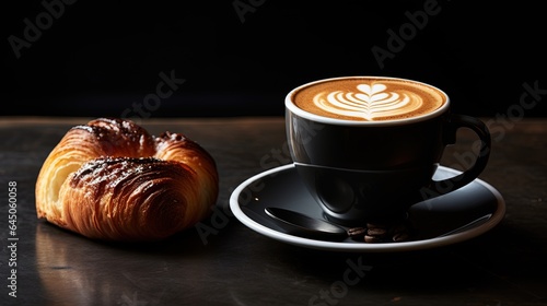  a cup of coffee and a croissant on a table. generative ai