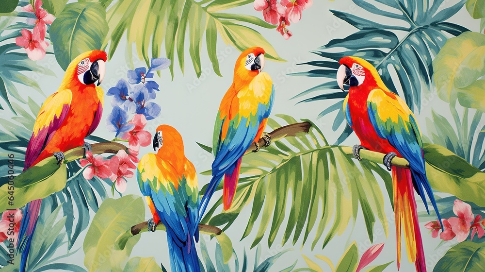 a group of colorful birds sitting on top of a tree branch. generative ai a group of colorful birds sitting on top of a tree branch. generative ai