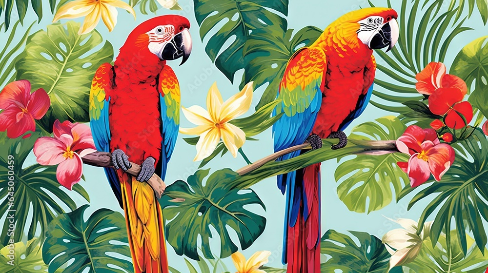  two parrots are sitting on a branch with tropical flowers.  generative ai