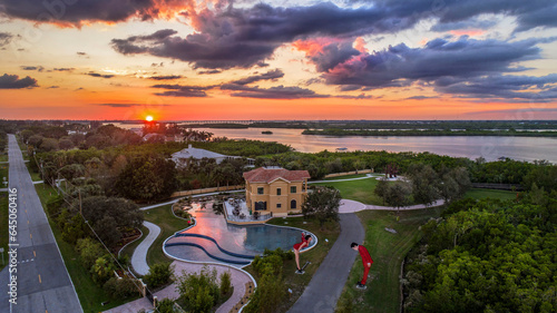 Aerial Sunset view of Peace River Botanical & Sculpture Gardens