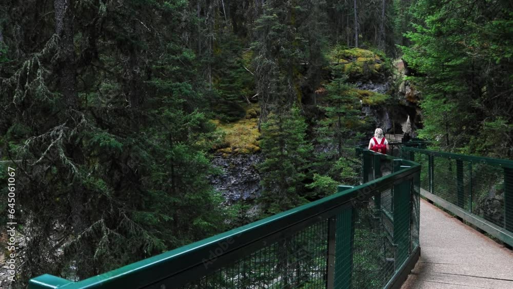 Female traveller walking through the beautiful Johnstons canyon in Banff national park, Alberta, Canada. Views of blue flowing water, waterfalls, pine forests and mountains. 