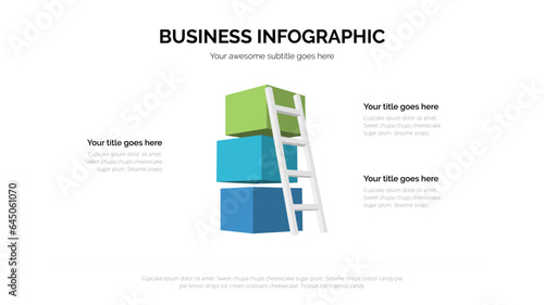 Ladder with square box business infographic with three steps. Suitable for presentation with 16x9 aspect ratio