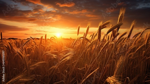  a field of wheat with the sun setting in the background.  generative ai