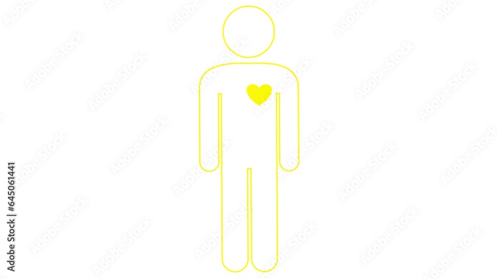 Animated yellow linear symbol of person. Looped video of beating heart. People icon. Heart pounding. Vector illustration isolated on white background. Animated yellow linear symbol of person. Looped video of beating heart. People icon. Heart pounding. Vector illustration isolated on white background.