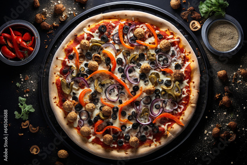 A big delicious pizza with tomatoes, olives, mushrooms and onions, with a blazing fire on a black background 