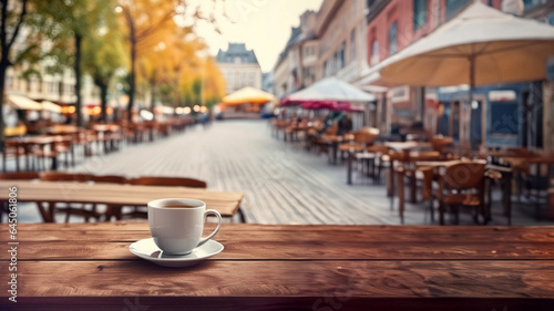 Cup of tea and empty wooden table of outdoor cafe for product display with blurred background. Autumn quiet city street in the background.