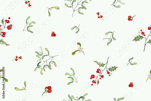 Watercolor Christmas seamles pattern with holly, mistletoe, berries. Hand drawn illustration. isolated on pastel background. Vector EPS.