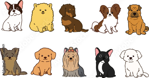 Simple and adorable illustrations of friendly small dogs outlined