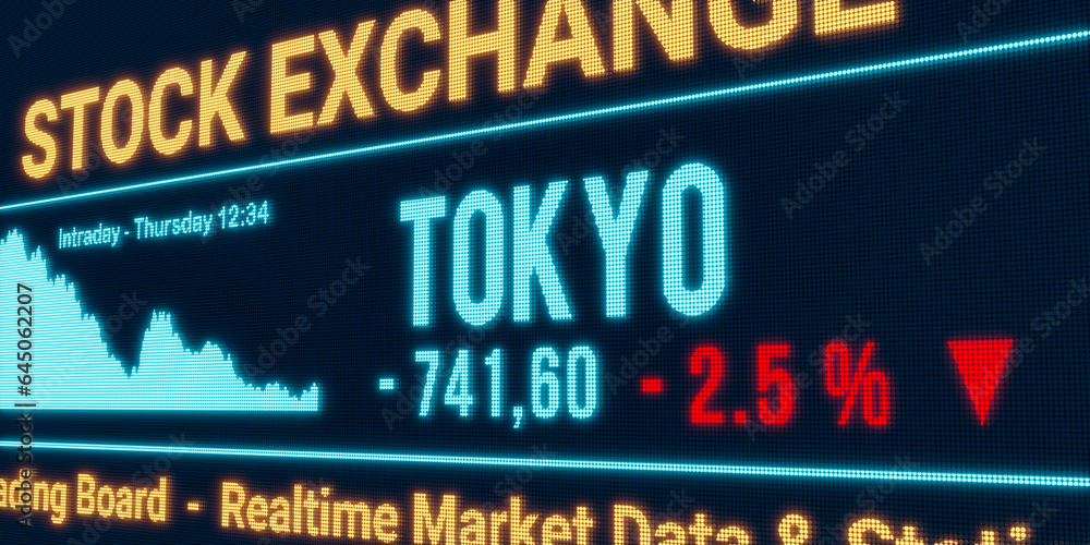 Tokyo, stock market moving down. Negative stock exchange data, falling chart on the screen. Red percentage sign, loss and investment. 3D illustration