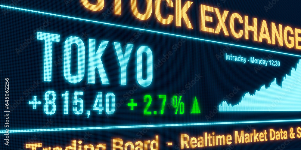Tokyo, stock market moving up. Positive stock exchange data, rising chart on the screen. Green percentage sign, profit and investment. 3D illustration Tokyo, stock market moving up. Positive stock exchange data, rising chart on the screen. Green percentage sign, profit and investment. 3D illustration
