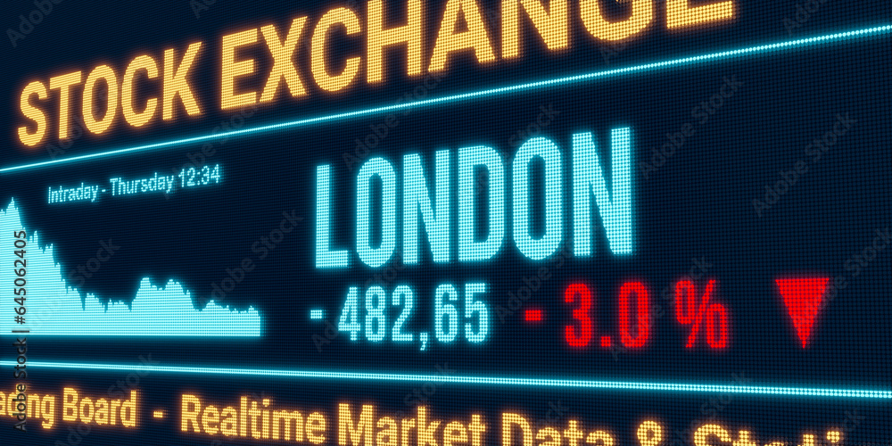 London, stock market moving down. Negative stock exchange data, falling chart on the screen. Red percentage sign, loss and investment. 3D illustration