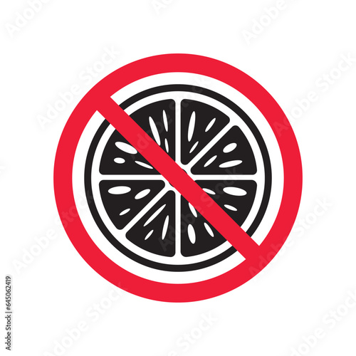 Lemon prohibited vector icon. No citrus symbol pictogram. Forbidden lemon icon. Warning, caution, attention, restriction, danger label ban flat sign design.