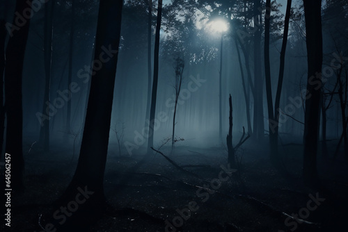 foggy and dark woods at night  mystery forest. Magical saturated foggy forest trees landscape. Generative AI