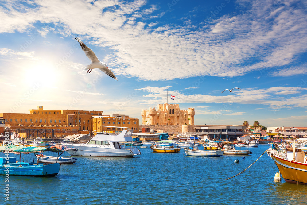 Beautiful view of the harbour and the Citadel of Qaitbay, the place of famous Lighthouse, Alexandria, Egypt