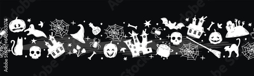 Funny hand drawn border from black white silhouettes of halloween symbols.Seamless pattern with pumpkin lanterns, castles, skull, ghost, cats, spiders, cobwebs, hat, broom, potion.Vector illustration.