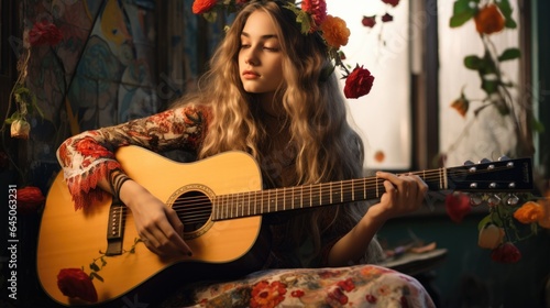 A woman with a flower crown playing a guitar