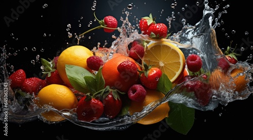 A bowl of fruit with water splashing on it