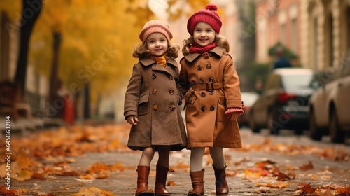 Two little girls standing next to each other on a sidewalk © Maria Starus