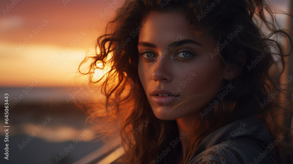 Sunset Serenity: Pensive Woman on the Beach at Dusk Sunset Serenity: Pensive Woman on the Beach at Dusk