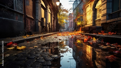 A street with a puddle of water and leaves on the ground