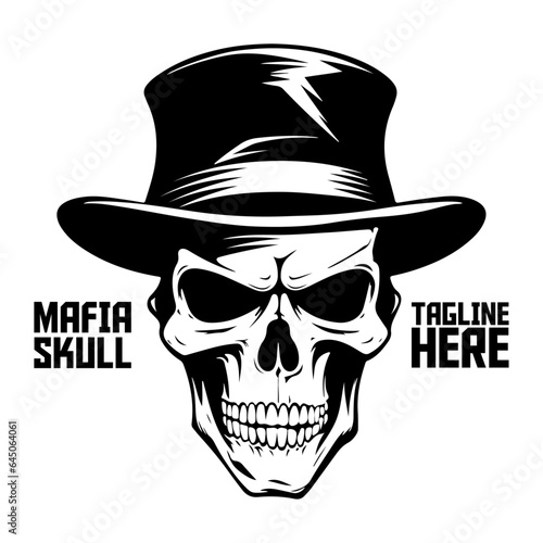 Monochromatic vector illustration showcasing a mafia skull. Elegant hand-drawn skeleton facial depiction. Design element for logo, label, emblem, sign, brand mark - PNG, Transparent Background © Giu Studios