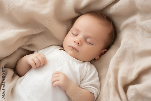 cute baby sleeping in beige linens