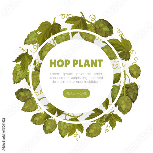 Hop Plant Banner Design with Green Branch with Cone and Leaves Vector Template