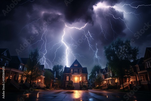 nightly lightning strikes city houses. Generative AI photo