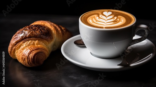  a cup of coffee and a croissant on a table. generative ai