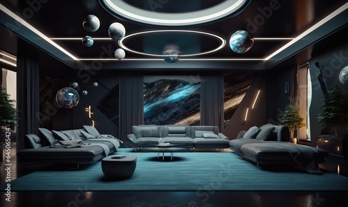 Futuristic Blue Living Room with Space-Inspired Interior
