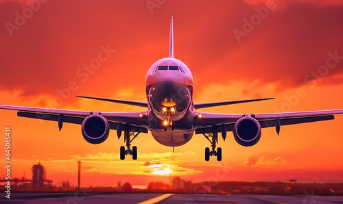 Plane Landing at Sunset - Illustration in Orange and Pink Tones