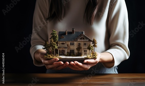 Woman Holding House Model - Real Estate Purchase Concept