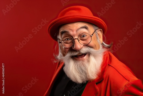 Funny Elderly Man in Red Hat and Jacket on Red Background