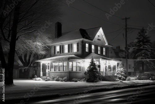 Vintage Winter Street with Two-Story Country House and Christmas Trees