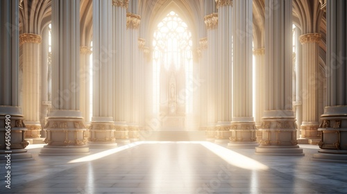 Alabaster pillars standing tall in a grand, sunlit cathedral, creating a sense of timeless beauty