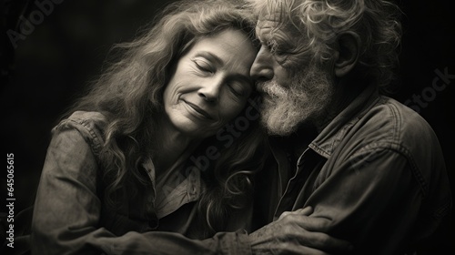 Portrait of an elderly happy couple in love. The woman leaned her head on the mans shoulder.