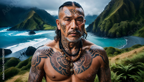 Portrait of a mature Maori man with traditional tattoo posing in beautiful New Zealand surroundings.