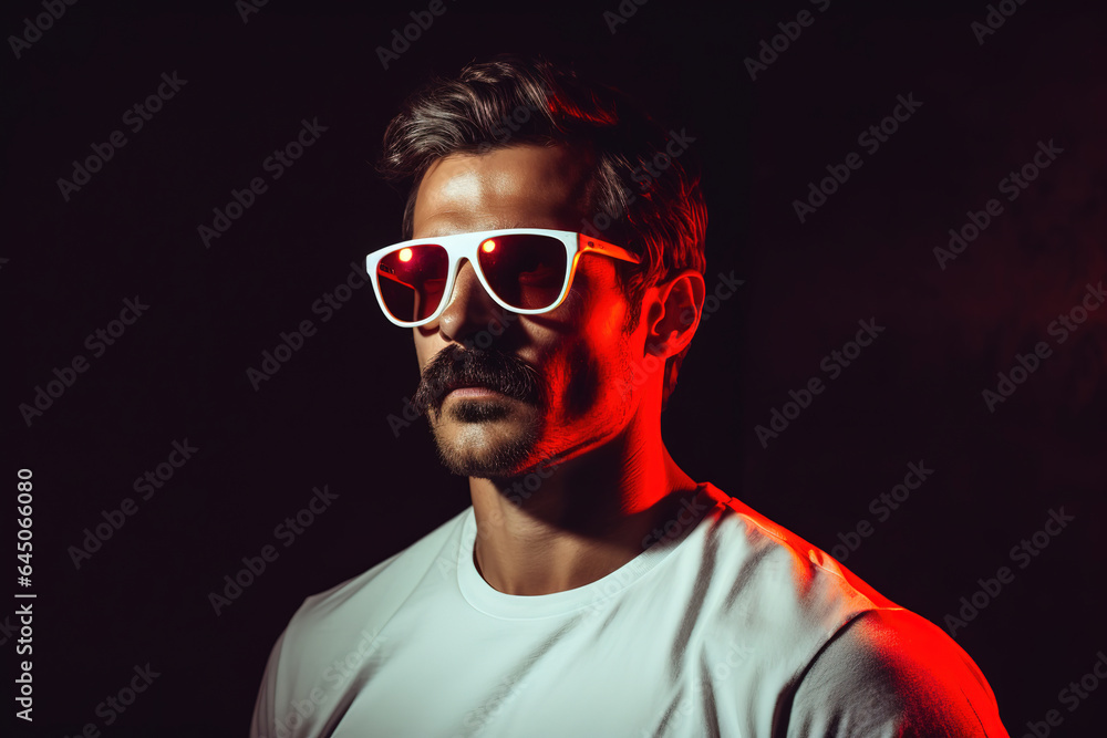 Neon light studio close-up portrait of serious man model with mustaches and beard in sunglasses and white t-shirt, generative ai Neon light studio close-up portrait of serious man model with mustaches and beard in sunglasses and white t-shirt, generative ai