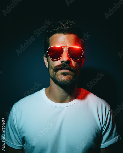 Neon light studio close-up portrait of serious man model with mustaches and beard in sunglasses and white t-shirt, generative ai