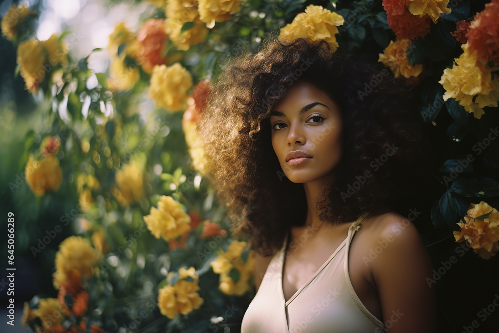 Portrait of beautiful African American woman in park, outdoor portrait, generative ai Portrait of beautiful African American woman in park, outdoor portrait, generative ai