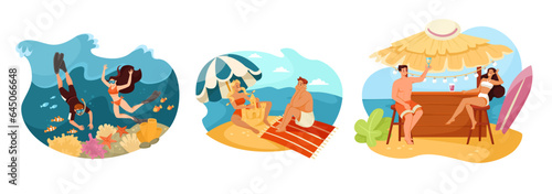 Happy Vacation with Man and Woman Couple Having Beach Rest Vector Illustration Set