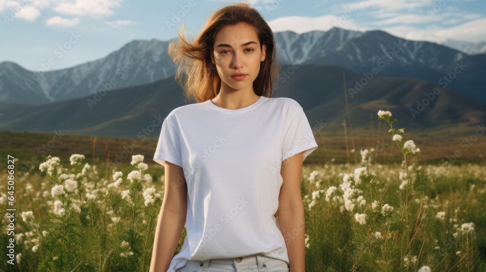 A beautiful girl in a white T-shirt against the background of a beautiful landscape. Generative AI