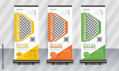 Fitness gym business standee rollup banner design vector template, Modern fitness body building and unique gym rollup banner