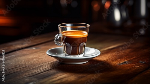 An elegant espresso cup filled with a perfect shot of espresso, placed on a polished wooden table