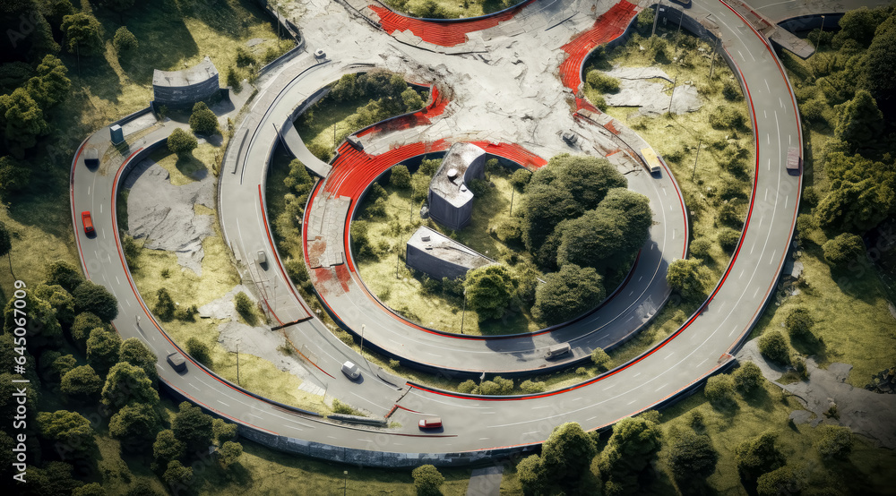 Aerial view of roundabout expressway, traffic in a circling road with an aerial view, concrete art.